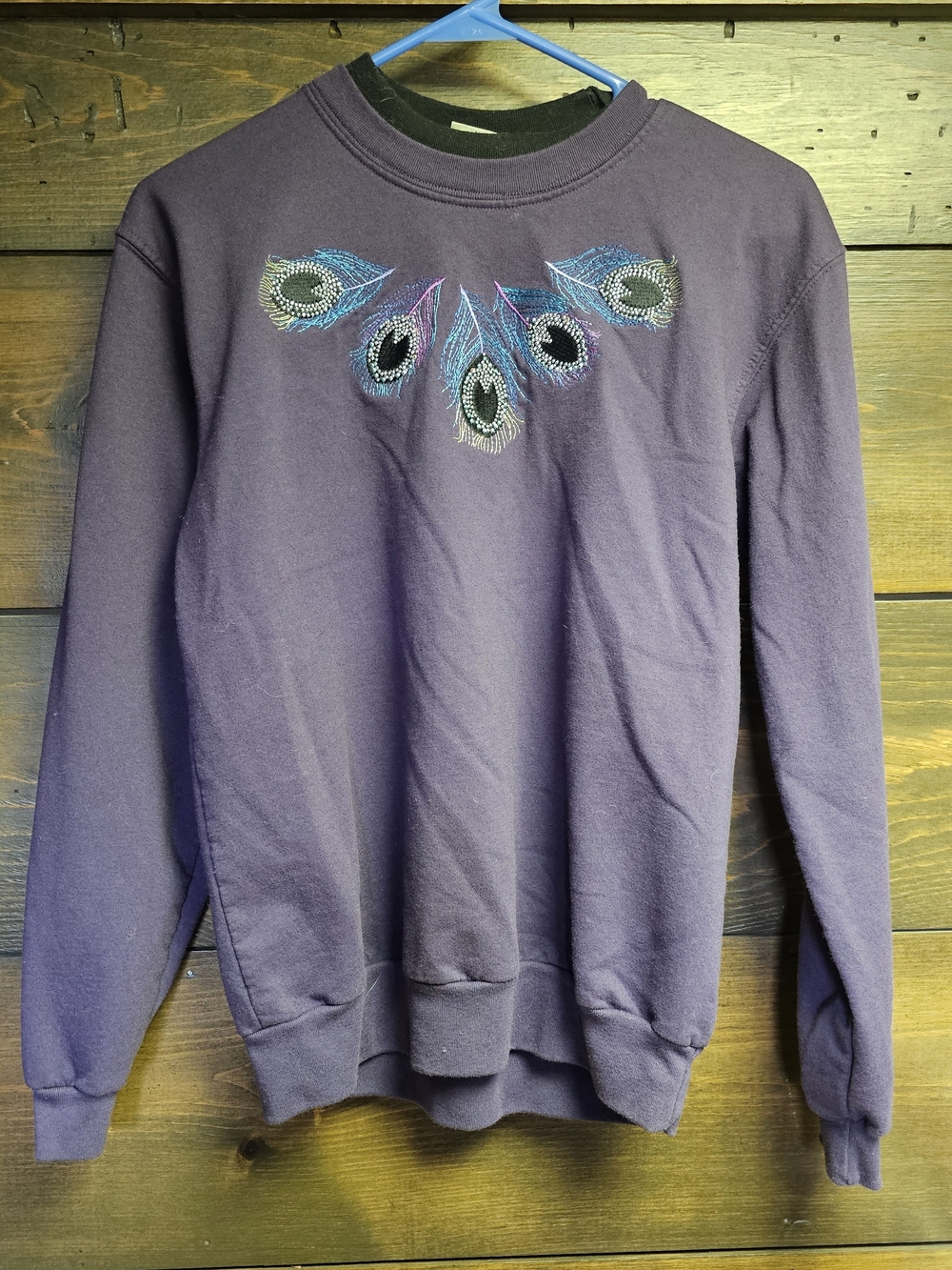Embroidered Peacock Feather Crewneck Sweatshirt - Plum Purple Size Large Womens